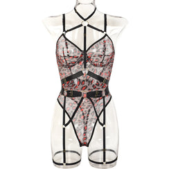 Body lingerie transparent à sangles avec porte-jarretelles et collier Éphémère