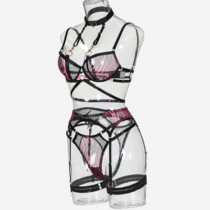 Ensemble de lingerie fine zébrée transparente quatre pièces avec porte-jarretelles Sainte-Marie - GUAPPAA