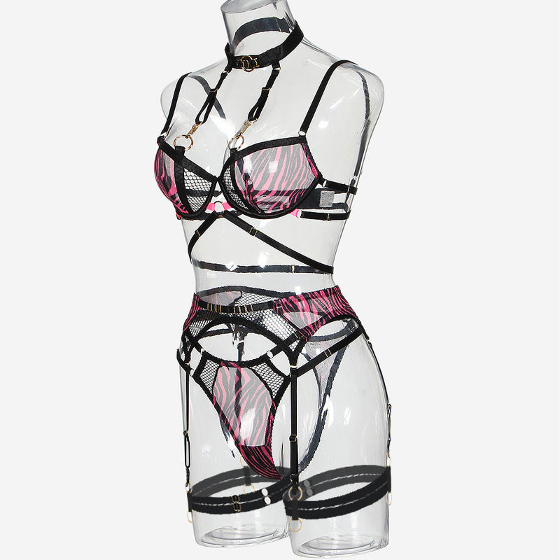 Ensemble de lingerie fine zébrée transparente quatre pièces avec porte-jarretelles Sainte-Marie - GUAPPAA