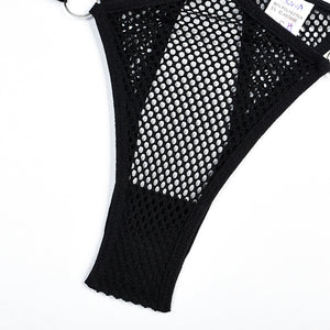 Lingerie résille 4 pièces sexy noir soutien-gorge string fendu et jarretières La Maison - GUAPPAA