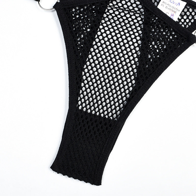 Lingerie résille 4 pièces sexy noir soutien-gorge string fendu et jarretières La Maison - GUAPPAA