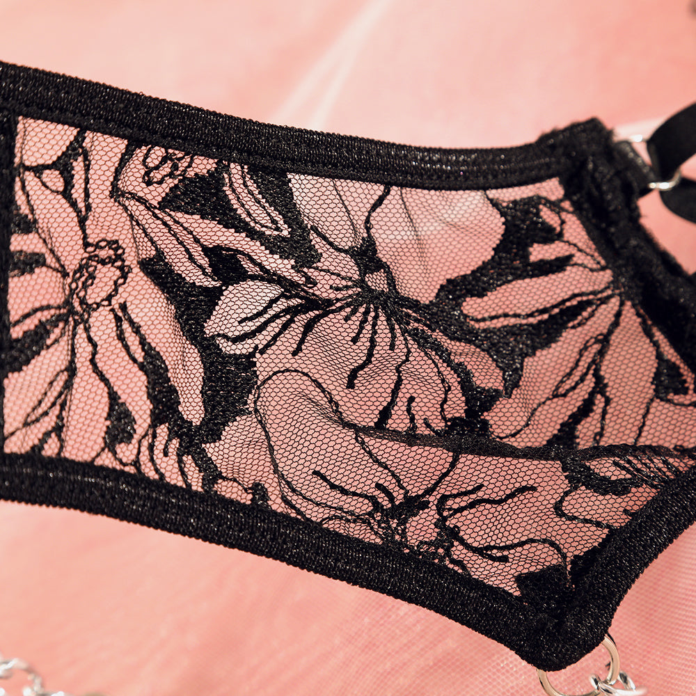 Lingerie dentelle transparente sexy ensemble cinq pièces avec porte-jarretelles et jarretières Saint-Sauveur - GUAPPAA