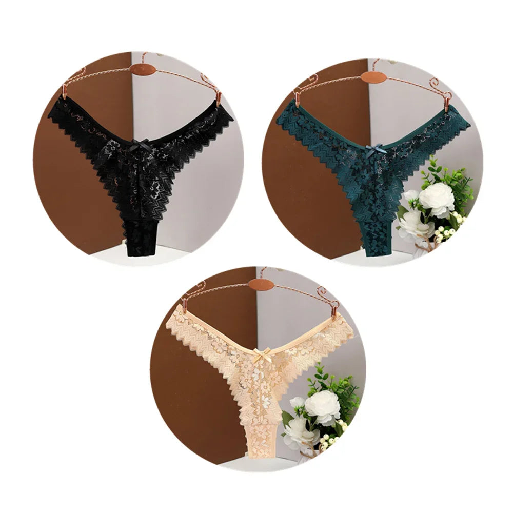 Lot de strings Les Trois Secrets, assortiment noir vert et kaki en dentelle