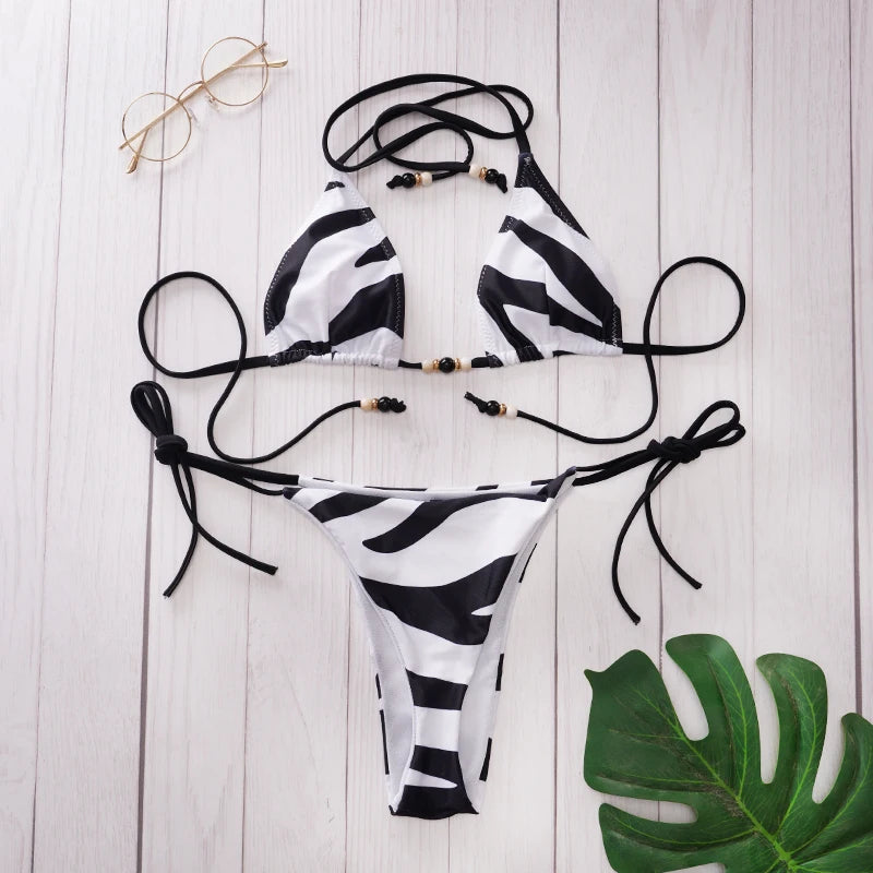 Bikini string ficelle zèbre rouge léopard avec jupe longue de plage Edonia - GUAPPAA