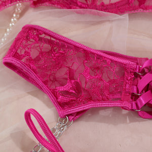 Lingerie dentelle transparente sexy ensemble cinq pièces avec porte-jarretelles et jarretières Saint-Sauveur - GUAPPAA