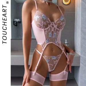 Ensemble L’Arabesque Fine rose avec broderie et maille transparente pour femme