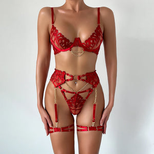 Ensemble de lingerie rouge sexy trois pièces La Flamme - GUAPPAA