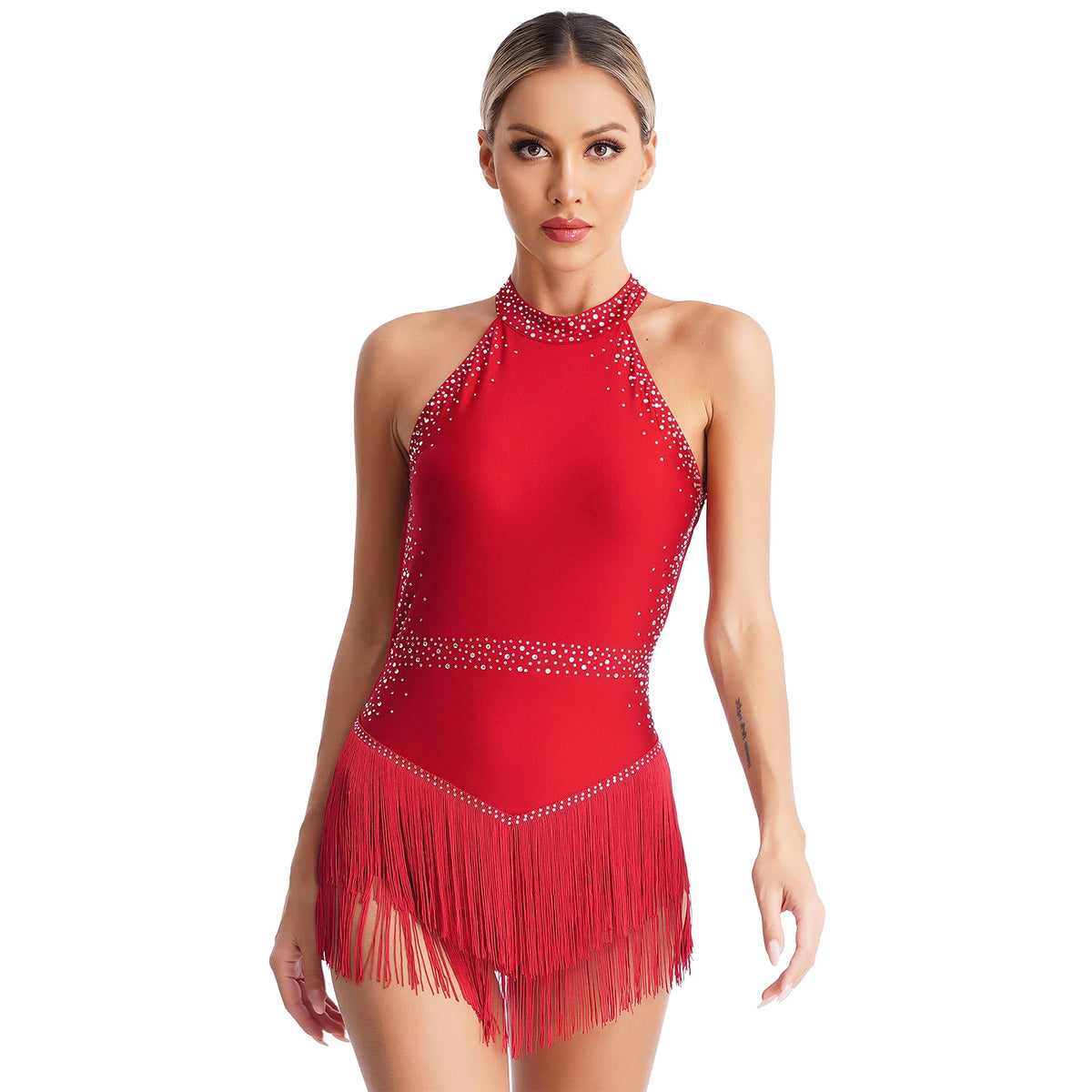 Tenue de danse L’Éclat Rythmique blanche avec franges et détails brillants pour performance
