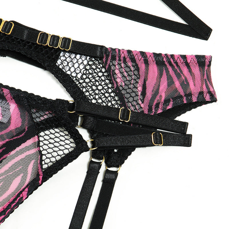 Ensemble de lingerie fine zébrée transparente quatre pièces avec porte-jarretelles Sainte-Marie - GUAPPAA