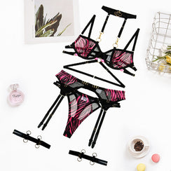 Ensemble de lingerie fine zébrée transparente quatre pièces avec porte-jarretelles Sainte-Marie - GUAPPAA