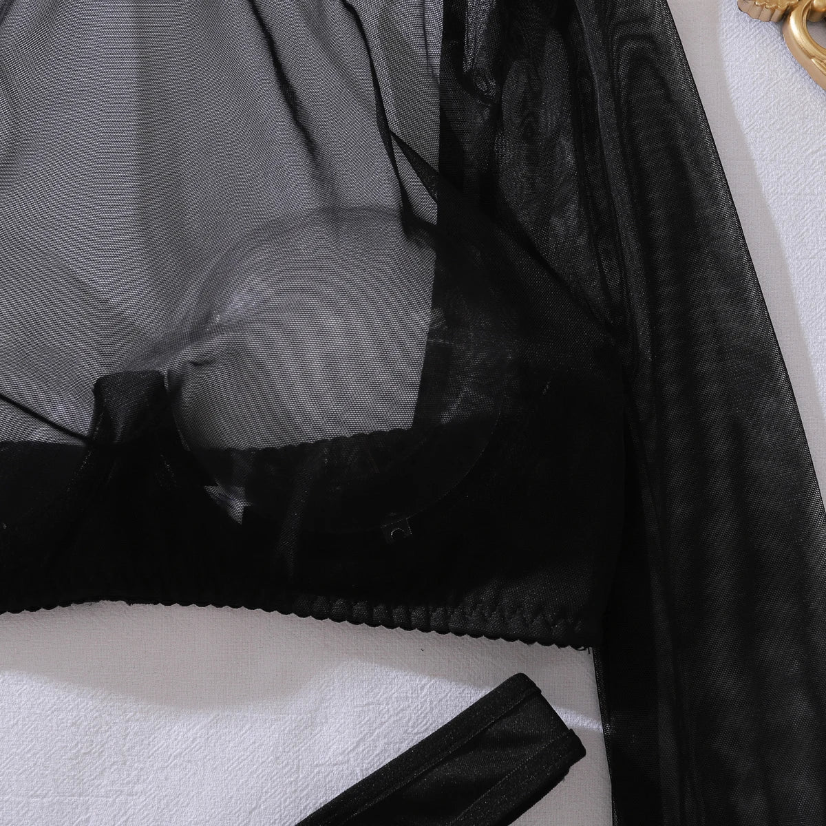 Lingerie sexy string bas noir haut manches longues transparent La Provocation - GUAPPAA