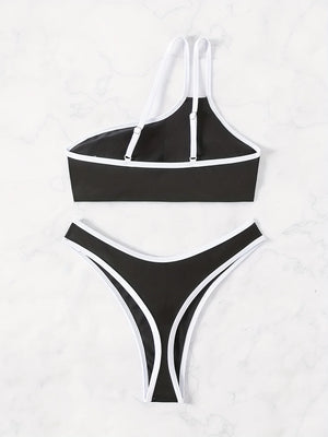 Bikini string bandeau asymétrique push-up noir et blanc Murcia - GUAPPAA