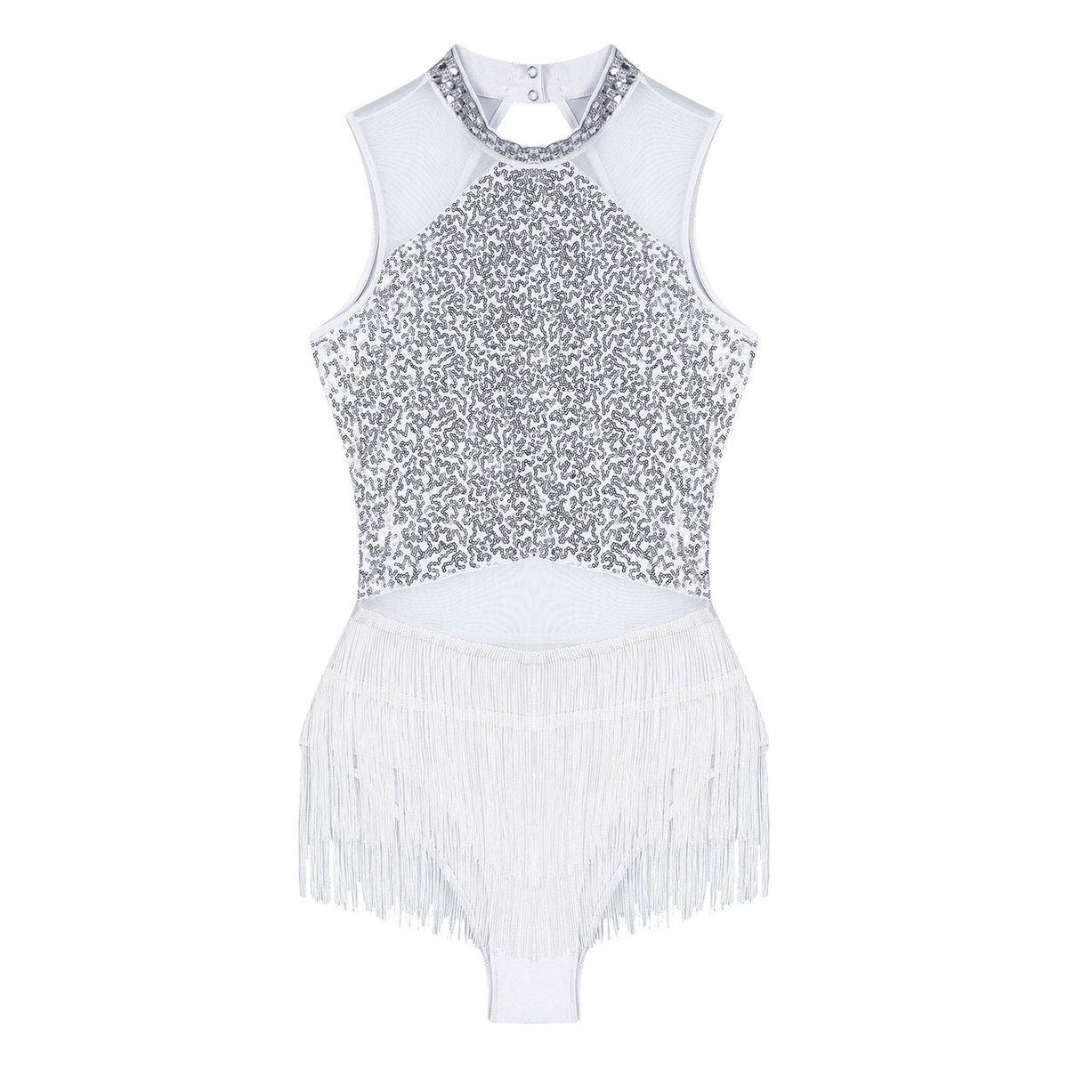 Justaucorps L’Éclat Scénique blanc avec strass lumineux et franges pour danse et spectacle