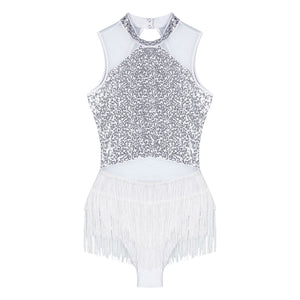 Justaucorps L’Éclat Scénique blanc avec strass lumineux et franges pour danse et spectacle