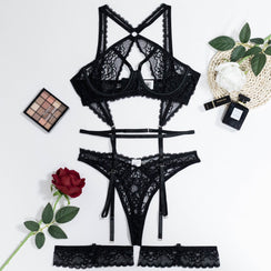 Lingerie en dentelle ensemble porte-jarretelles noir sexy La Bégude - GUAPPAA