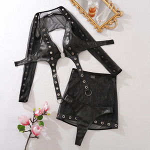 Lingerie punk goth simili cuir noir string jupe soutien-gorge bolero La Cave - GUAPPAA