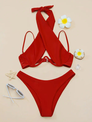 Bikini à bretelles croisées avec armatures 2026 Maillot de bain femme uni Push-up Maillot de bain féminin Maillot de bain de plage d'été Pink - image 6
