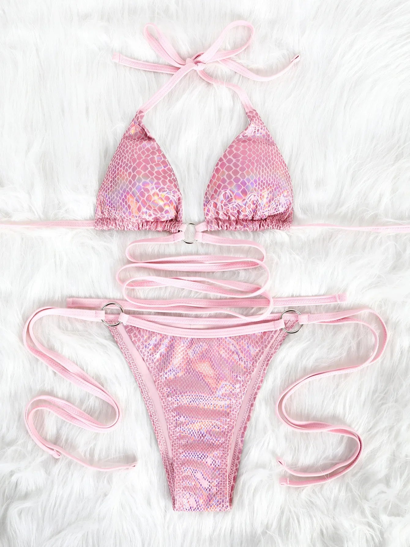 Bikini string ficelle tanga serpent rose à nouer au ventre Nolia - GUAPPAA