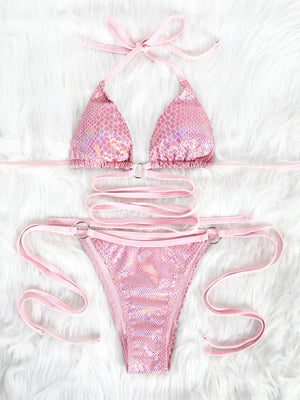 Bikini string ficelle tanga serpent rose à nouer au ventre Nolia - GUAPPAA