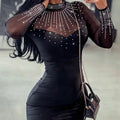 Petite robe noire moulante à manches longues avec strass et transparence Molina - GUAPPAA