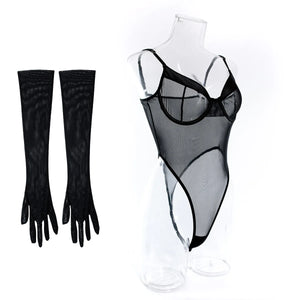 Body string femme noir bleu rouge transparent sexy avec gants Regards - GUAPPAA