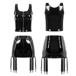 Ensemble deux pièces grande taille latex débardeur avec jupe jarretelles taille haute Capture - GUAPPAA