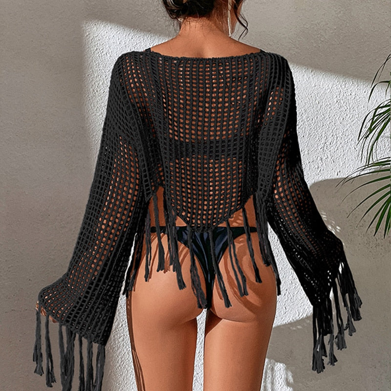 Top résille à manches longues bohème de plage en crochet Salou - GUAPPAA
