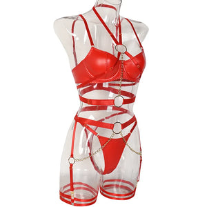 Ensemble lingerie sexy faux cuir à chaines et porte-jarretelles 3 pièces Saturne - GUAPPAA