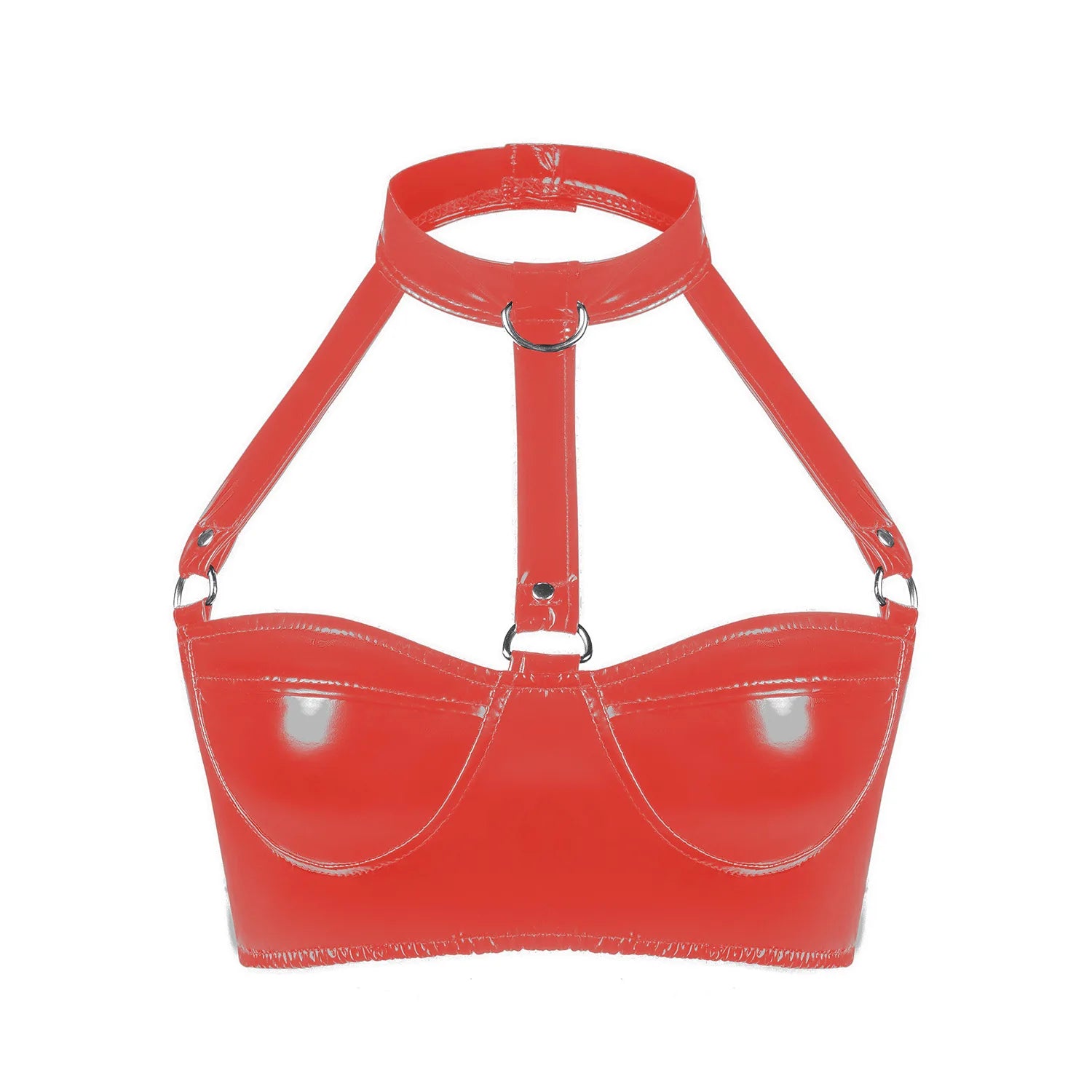 Présentation des coloris noir rouge et rose du soutien-gorge effet verni L’Éclat Verni