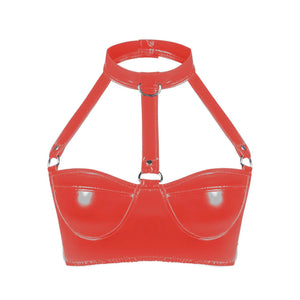 Présentation des coloris noir rouge et rose du soutien-gorge effet verni L’Éclat Verni