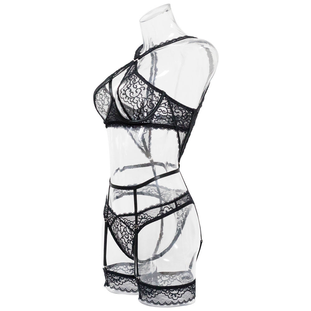 Lingerie en dentelle ensemble porte-jarretelles noir sexy La Bégude - GUAPPAA