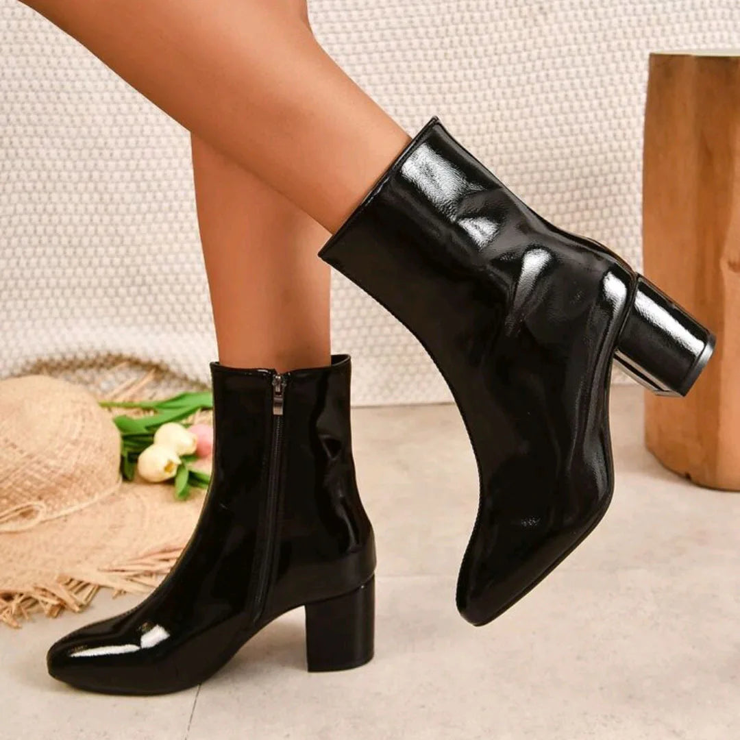 Bottines à talons femme vernies zippées à talon large bout rond pointu St-Eléonore - GUAPPAA