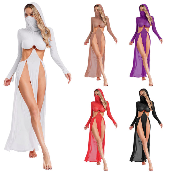 Robe longue transparente fendue sexy à capuche Shéhérazade