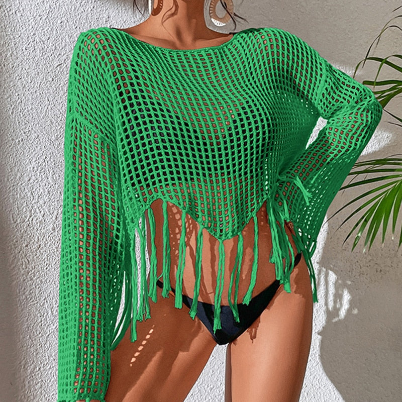 Top résille à manches longues bohème de plage en crochet Salou - GUAPPAA