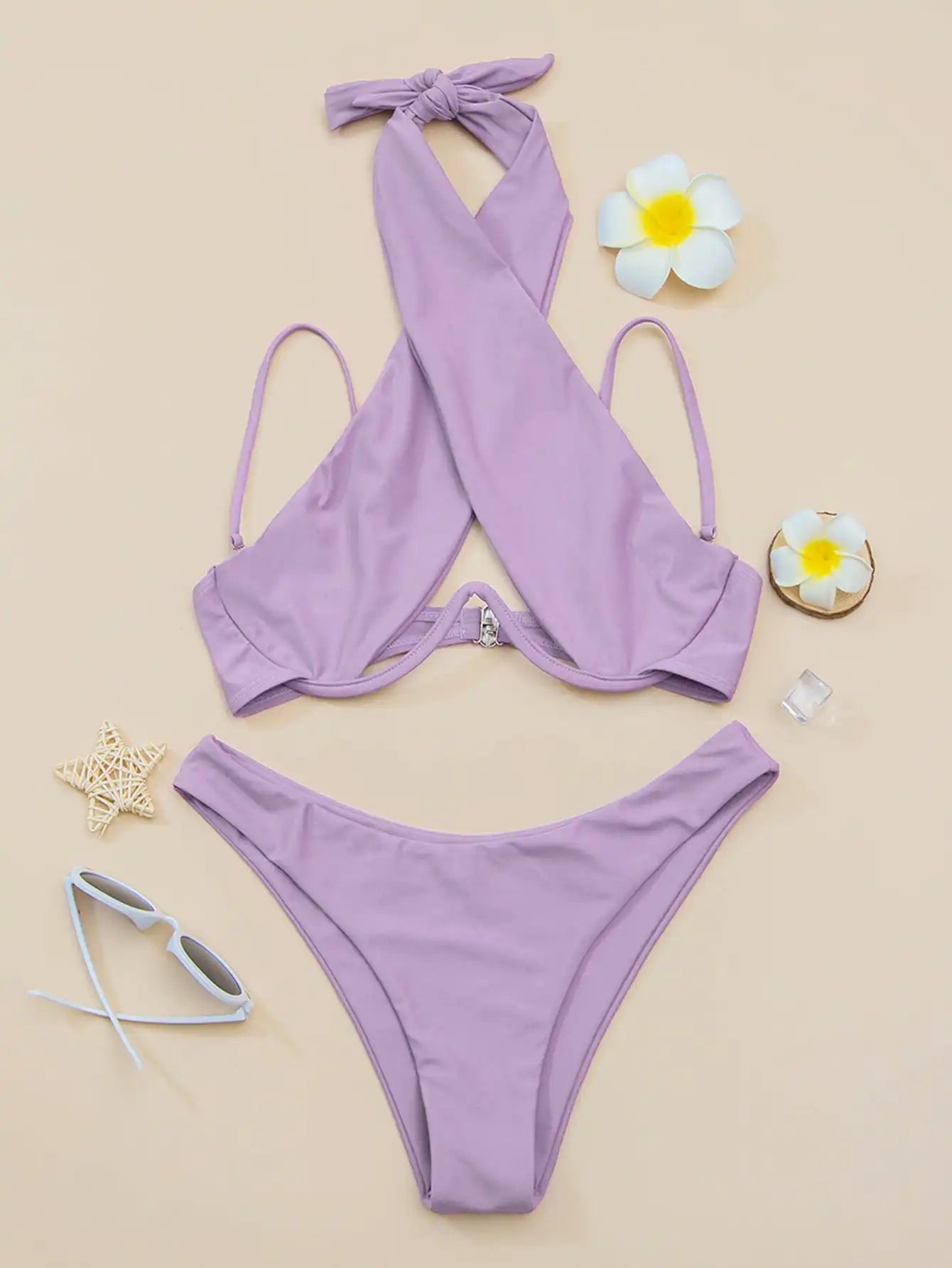 Bikini à bretelles croisées avec armatures 2026 Maillot de bain femme uni Push-up Maillot de bain féminin Maillot de bain de plage d'été Pink - image 5