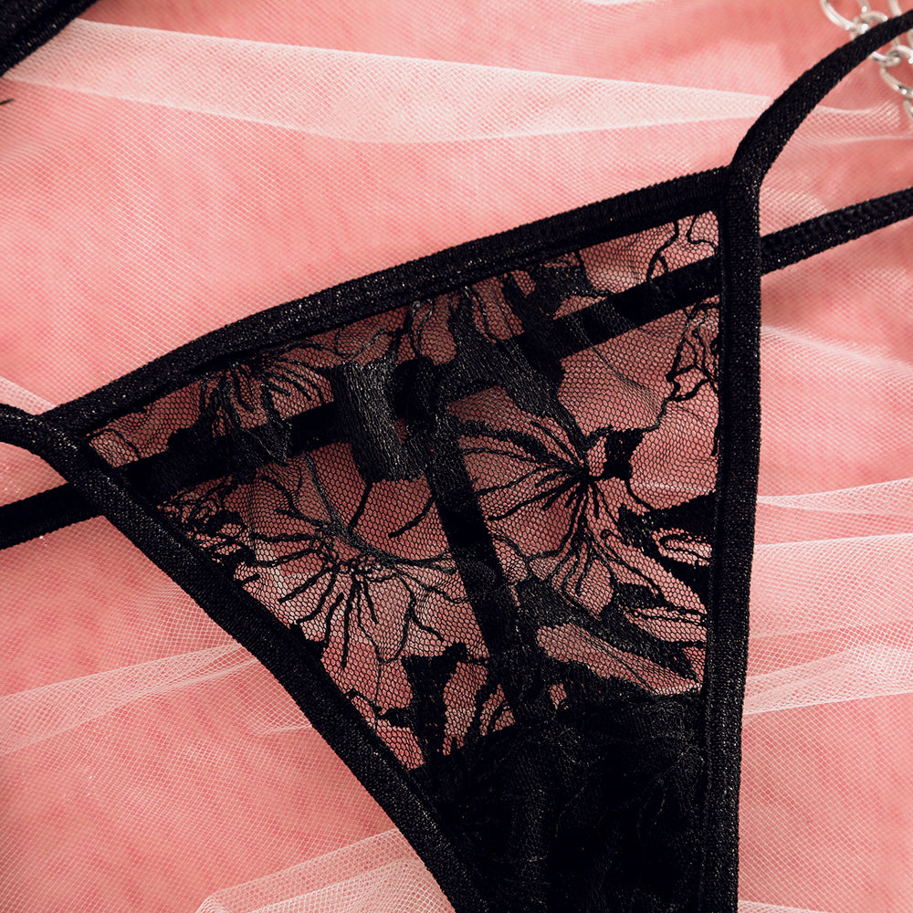 Lingerie dentelle transparente sexy ensemble cinq pièces avec porte-jarretelles et jarretières Saint-Sauveur - GUAPPAA