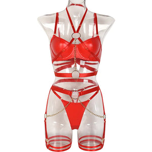 Ensemble lingerie sexy faux cuir à chaines et porte-jarretelles 3 pièces Saturne - GUAPPAA