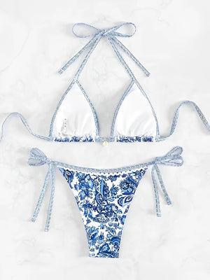 Maillot de bain deux pièces échancré marron bleu fleuri Terre d'eau - GUAPPAA