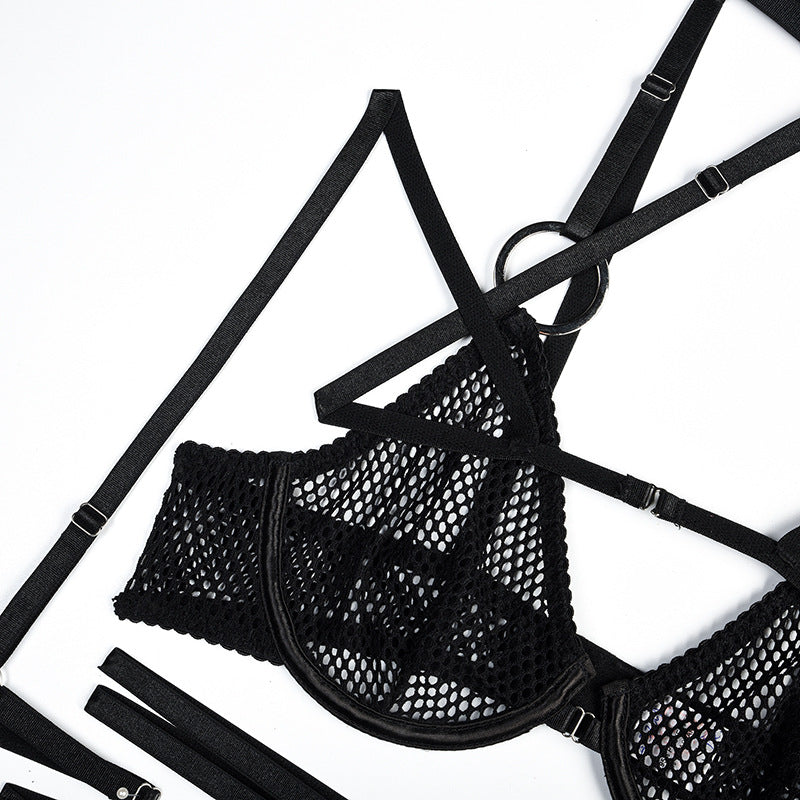 Lingerie résille 4 pièces sexy noir soutien-gorge string fendu et jarretières La Maison - GUAPPAA
