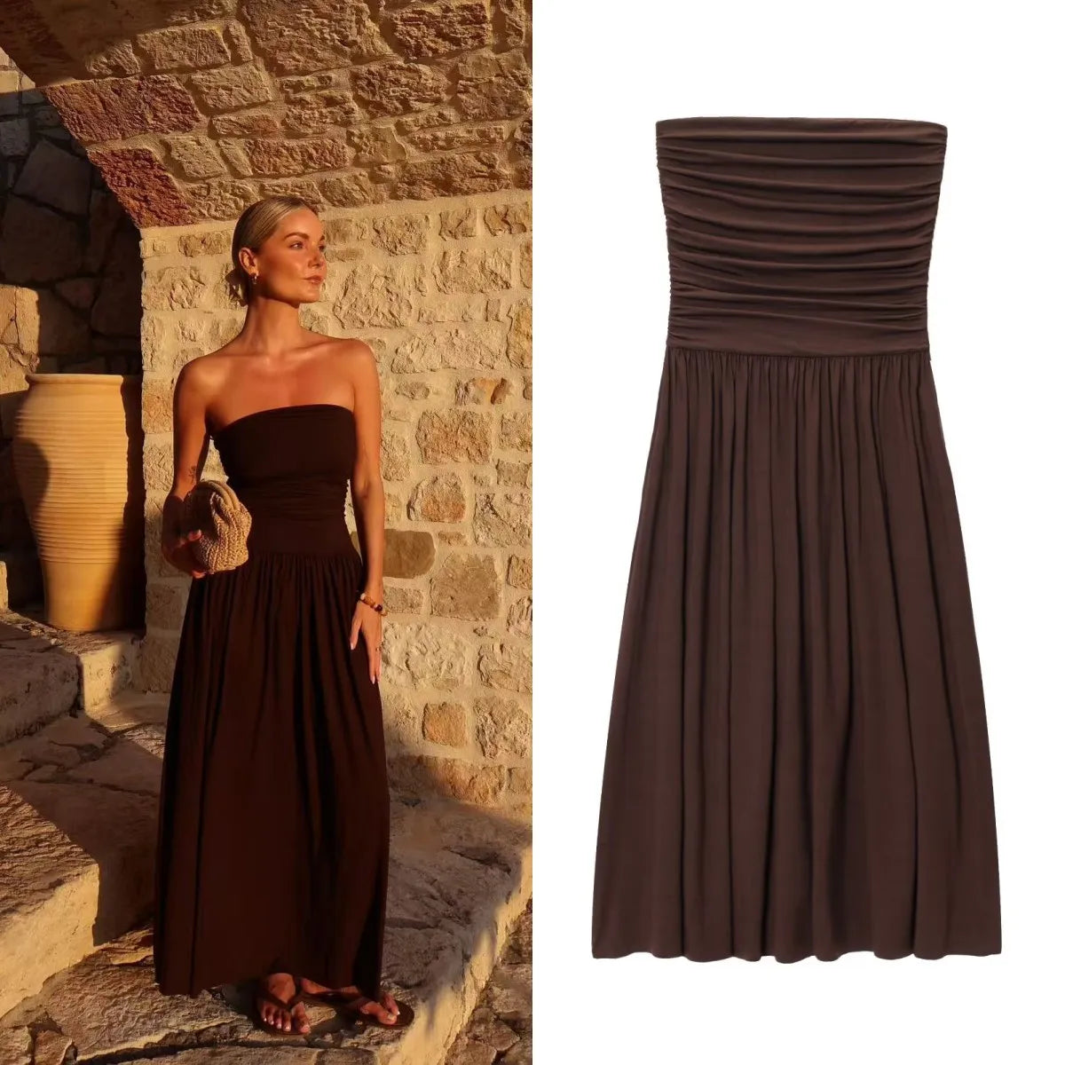 Robe longue bustier brune plissée L’Éclat Serein