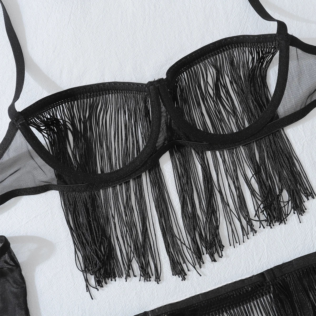 Lingerie sexy ensemble à franges seins nus gants collants porte-jarretelles Milena - GUAPPAA