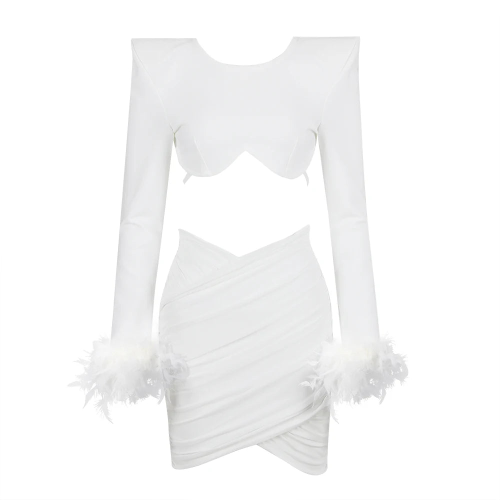 Jupe et crop-top à épaulettes et plumes tenue chic Azaela - GUAPPAA