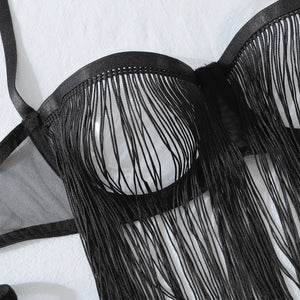 Lingerie sexy ensemble à franges seins nus gants collants porte-jarretelles Milena - GUAPPAA