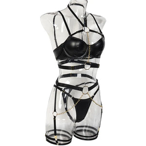 Ensemble lingerie sexy faux cuir à chaines et porte-jarretelles 3 pièces Saturne - GUAPPAA