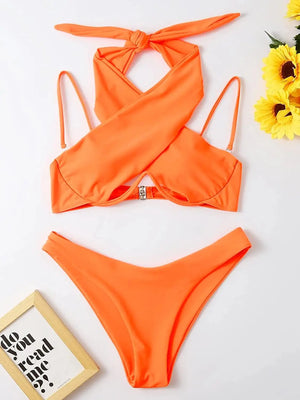 Bikini à bretelles croisées avec armatures 2026 Maillot de bain femme uni Push-up Maillot de bain féminin Maillot de bain de plage d'été Pink - image 12