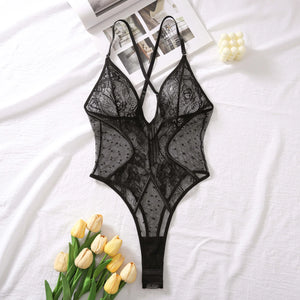 Body string transparent en dentelle et à pois noir Régal - GUAPPAA