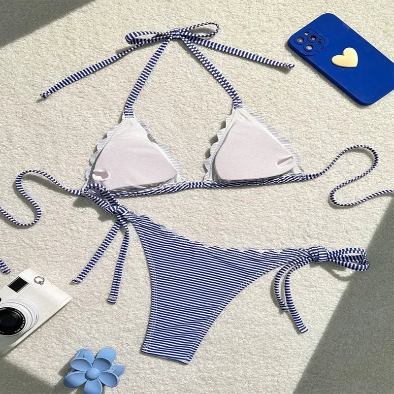 Bikini tanga à ficelles deux pièces rayé bleu blanc L'océan - GUAPPAA