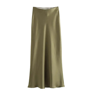 Jupe midi Le Reflet Serein vert kaki avec fini satiné pour femme