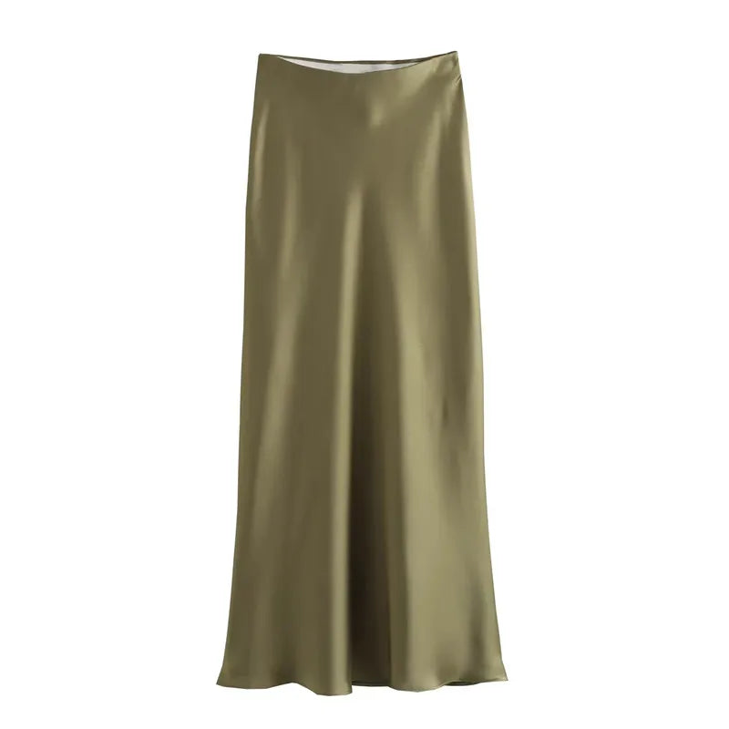 Jupe midi Le Reflet Serein vert kaki avec fini satiné pour femme