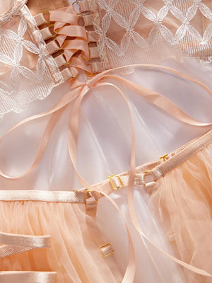 Ensemble sexy bustier lacé string porte-jarretelles frou-frou et jarretières Impérial - GUAPPAA